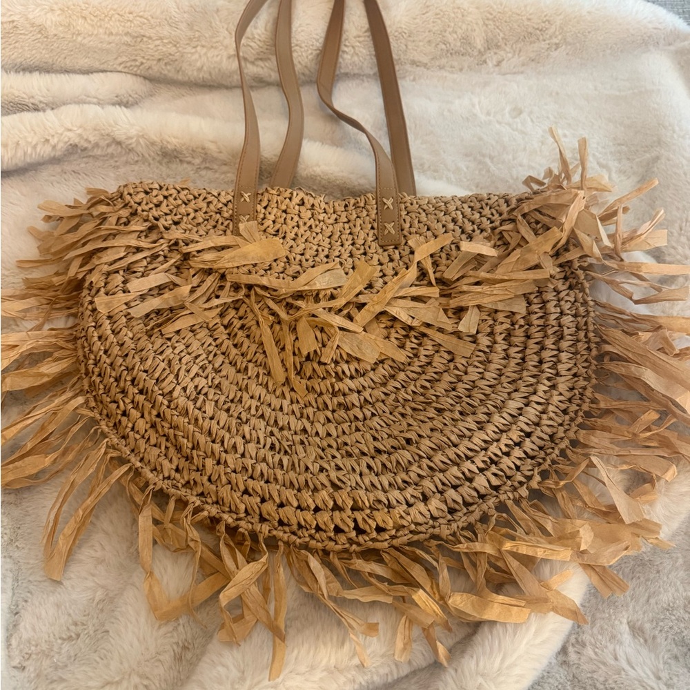 Woven Tan Fringe Tote Bag